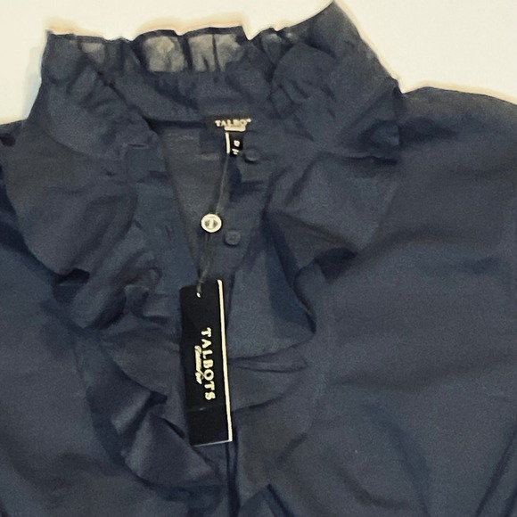 TALBOTS women's blouse navy ruffle long sleeve shirt button lightweight 12 NWT - Picture 6 of 8